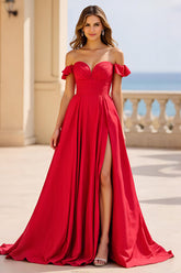 Rotes Schulterfreies Ballkleid aus Satin mit Schlitz